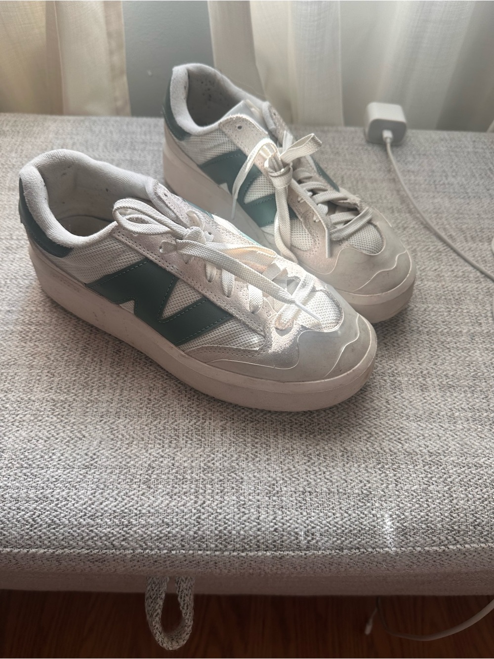New Balance White and Green Retro-Style Women's Sneakers